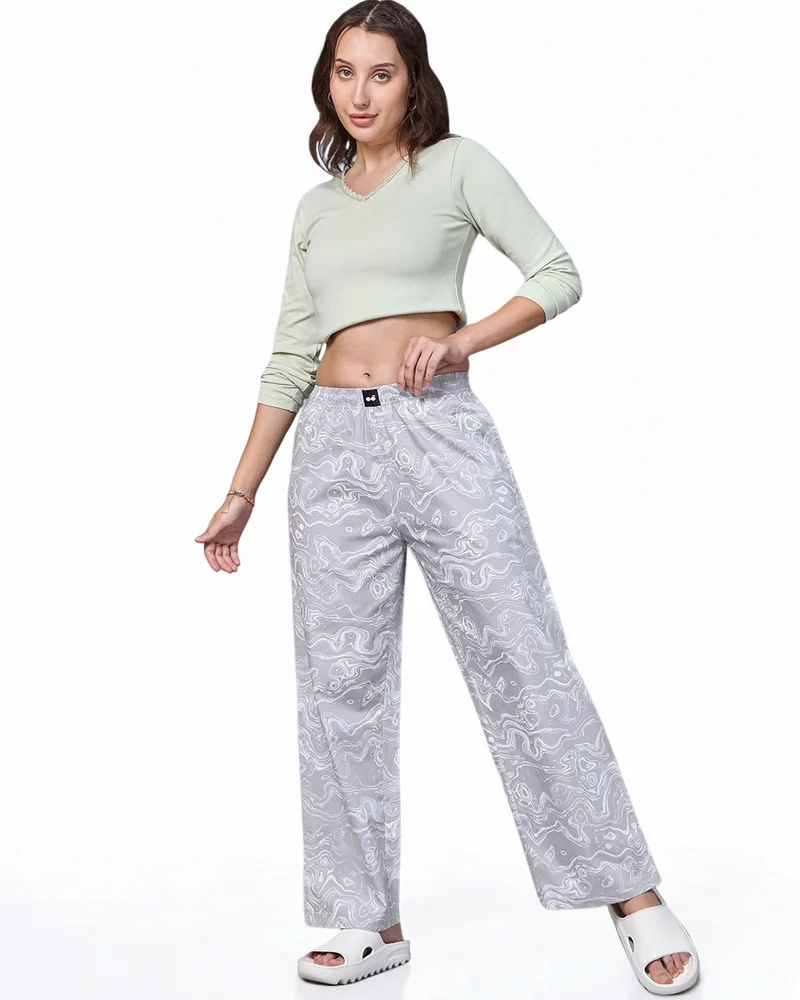 Bewakoof  Women's Grey All Over Printed Wide Leg Pyjamas for Women | Best Price UAE